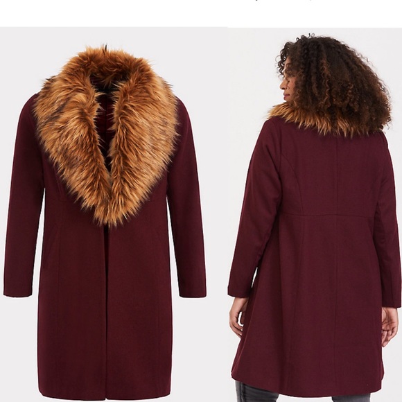 Torrid | Midi Faux Fur Trim Coat in Wine - Picture 3 of 4